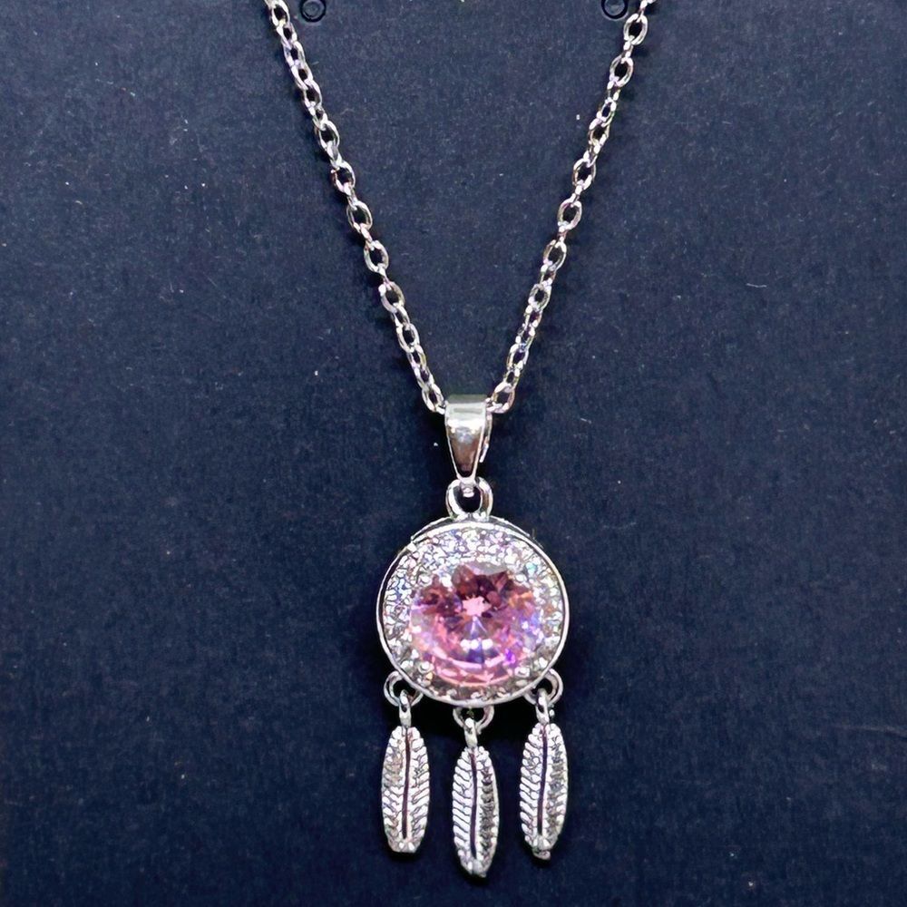 Pink and Silver Dreamcatcher Necklace with Gemstone Pendant 3B